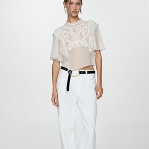 Mango White Sheer Top with Floral Details